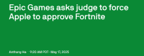Epic Games 要求法官迫使 Apple 批准 Fortnite